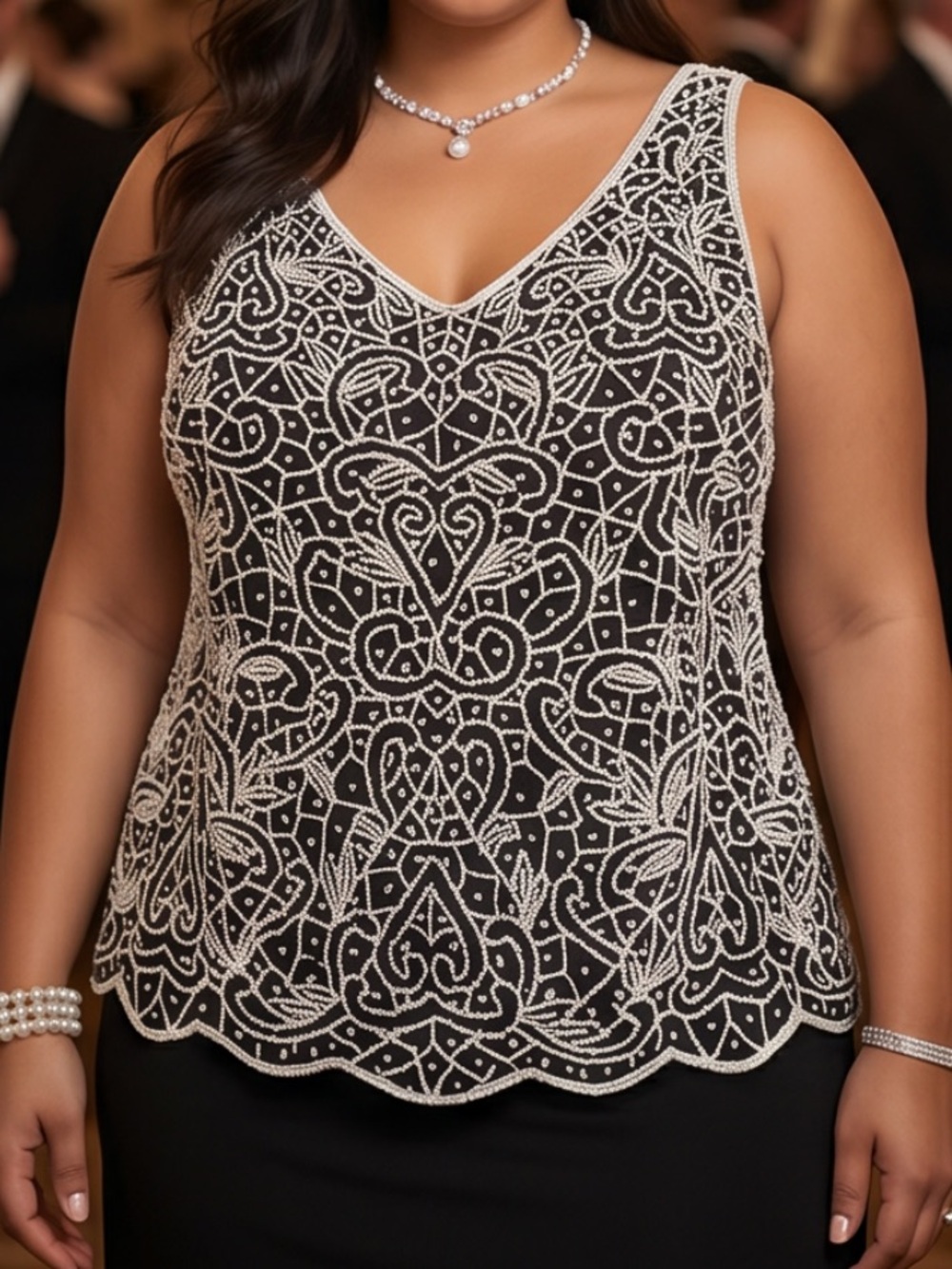 Vintage Jkara Formal Sleeveless Blck & White Beaded Luxury evening Top